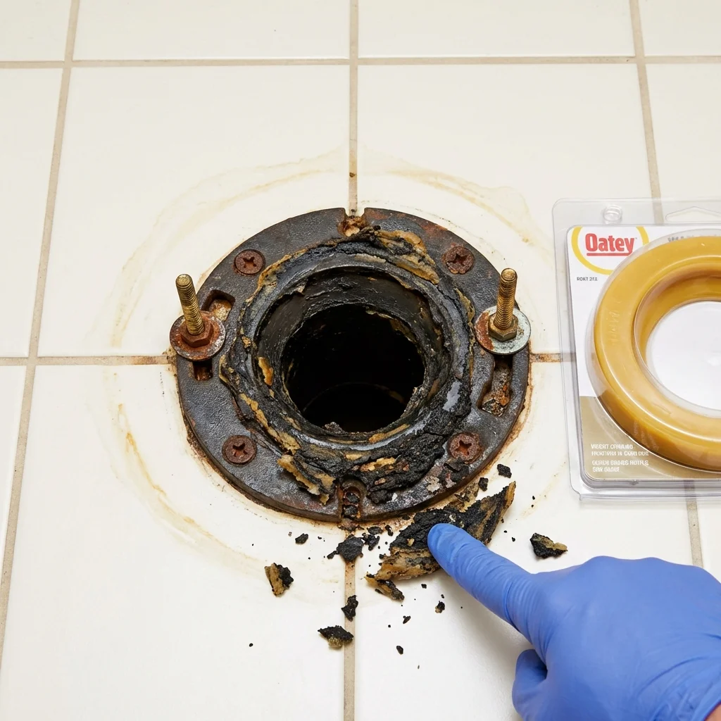 Failed wax ring showing water seepage at the base of a toilet in a Rockport, ME home