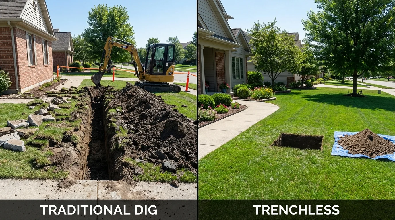 Trenchless sewer repair with minimal yard damage versus traditional excavation in Rockport, ME