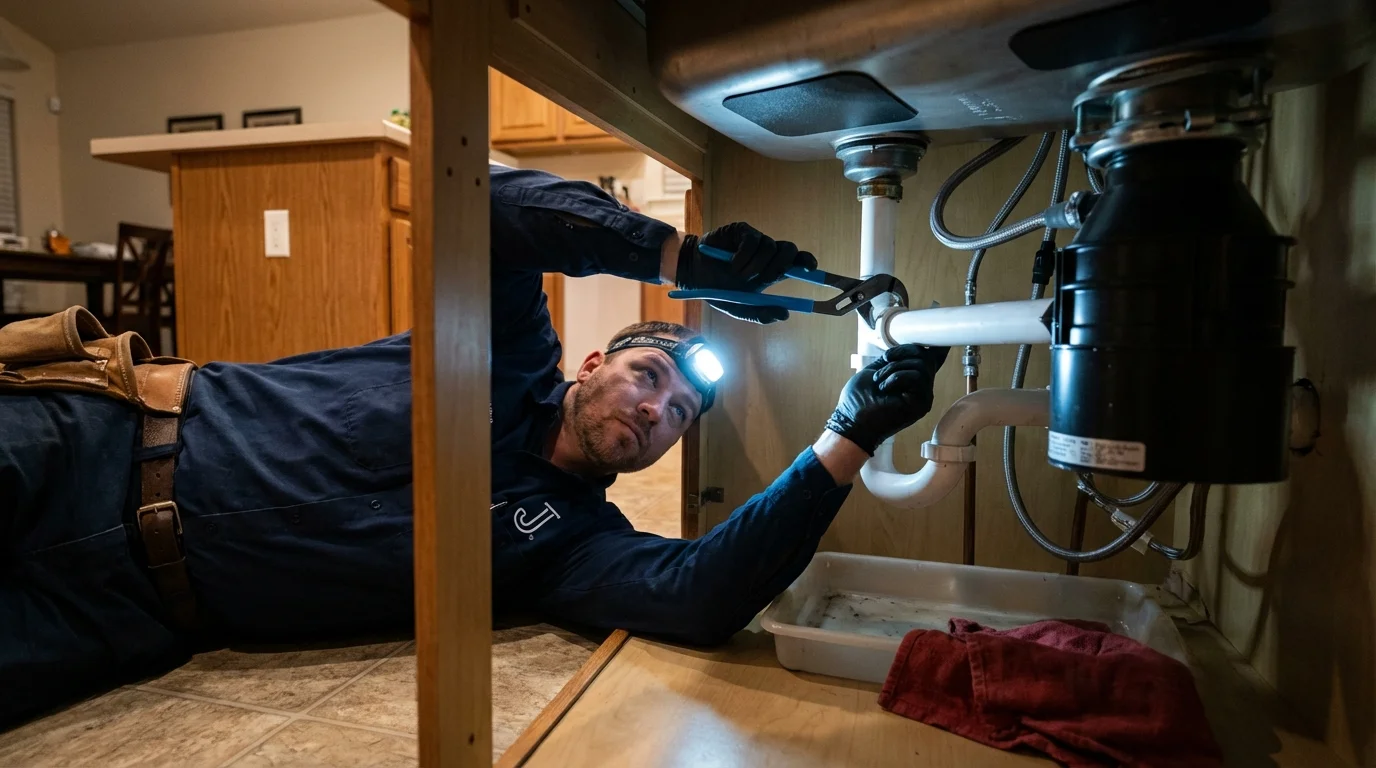 P-trap and supply line connections under a kitchen sink showing a common leak point in Rockport, ME